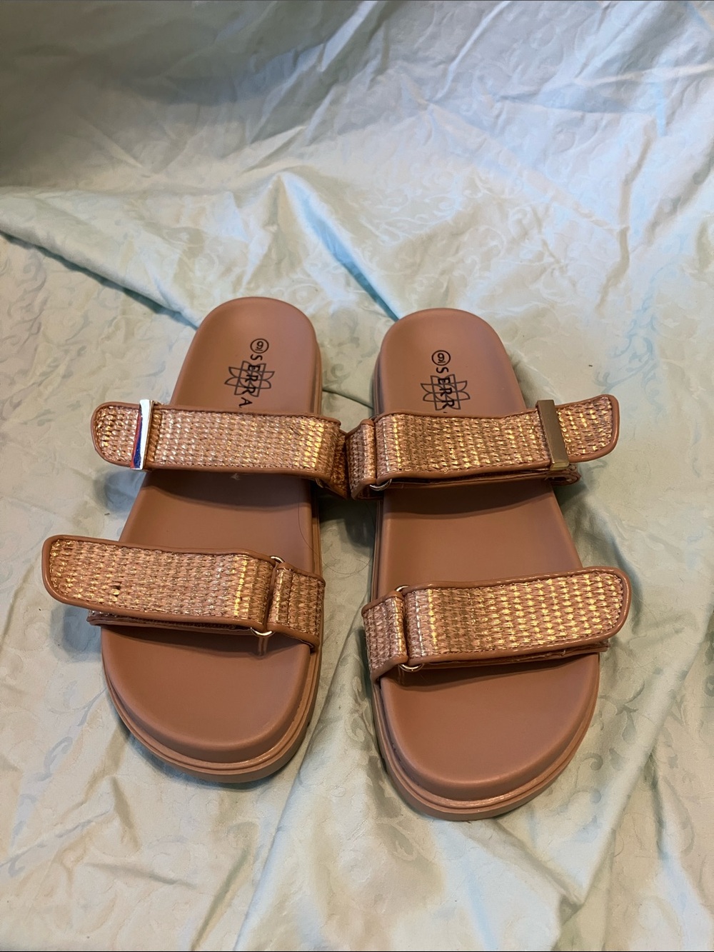 Serra Rose Gold Woven-Strap Slide Sandals